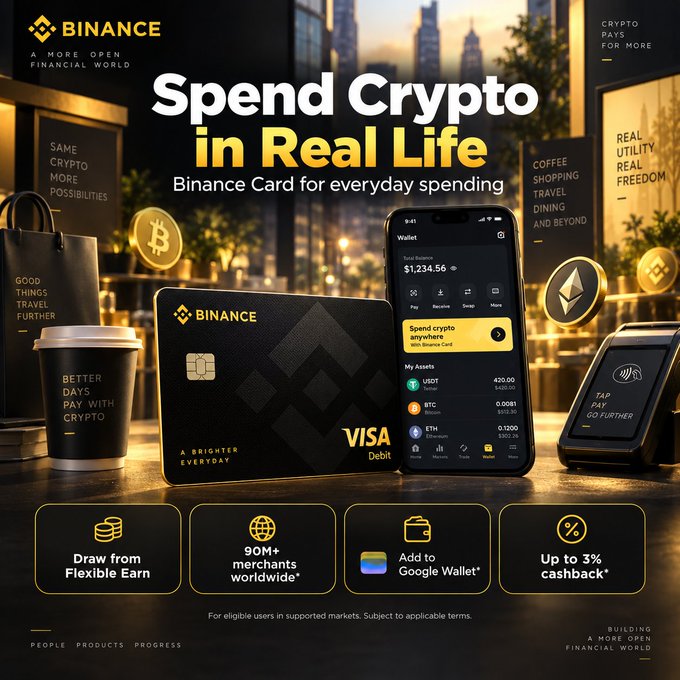 The image is a promotional graphic for the Binance Card featuring a black Visa debit card, a smartphone displaying a crypto wallet with assets like USDT ($1,234.56), BTC (0.0081), and ETH (0.1200), alongside a payment terminal and golden Bitcoin and Ethereum coins. Key text includes "Spend Crypto in Real Life," "90M+ merchants worldwide," "Up to 3% cashback," and "Draw from Flexible Earn," visually reinforcing the post's message about using crypto for everyday spending at retail locations.