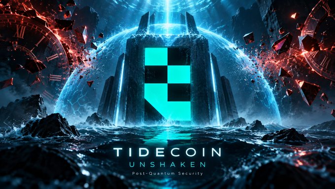 A promotional graphic for Tidecoin Unshaken, featuring a futuristic structure with a glowing cyan logo surrounded by red and blue energy effects, with the tagline 'Post-Quantum Security'.