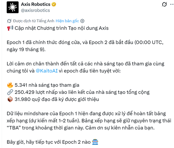 A tweet from Axis Robotics (@axisrobotics) in Vietnamese providing an update on their Axis Content Creation Program, noting 5,341 creators participated.