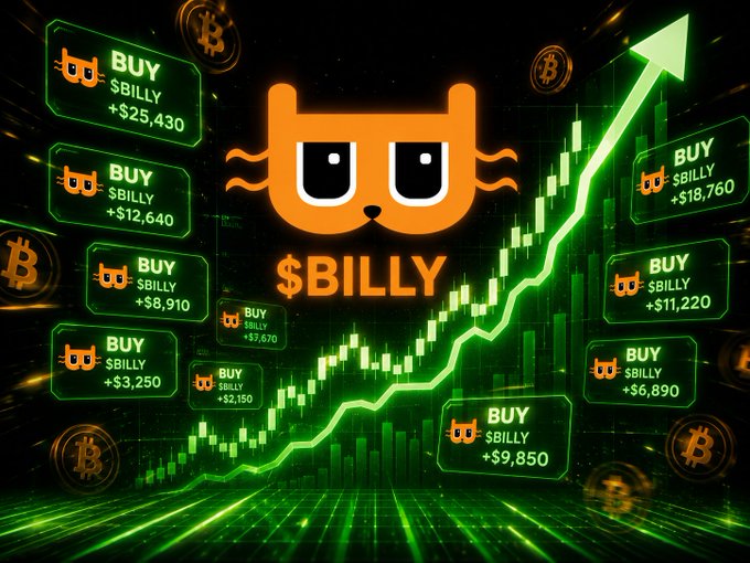 A bold graphic featuring an orange cat mascot labeled "$BILLY" surrounded by green "BUY $BILLY" callouts with dollar amounts ranging from +$2,150 to +$25,430, all set against a glowing green candlestick chart with an upward-trending arrow—visually hyping the proposed 1,000,000 $BILLY giveaway and signaling that the thin order books could be sent soaring with enough buying pressure.