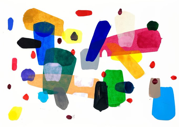 The image features a white background with various abstract shapes, including circles, squares, triangles, and rectangles of different colors such as red, blue, green, yellow, orange, and purple. The shapes are scattered across the canvas, creating an interesting and visually appealing composition. The post that accompanies this artwork is titled "Still my favorite piece of art I’ve collected" by Kitahara Keiko, which suggests that it might be a personal collection or a favorite piece of art for the artist who created it.