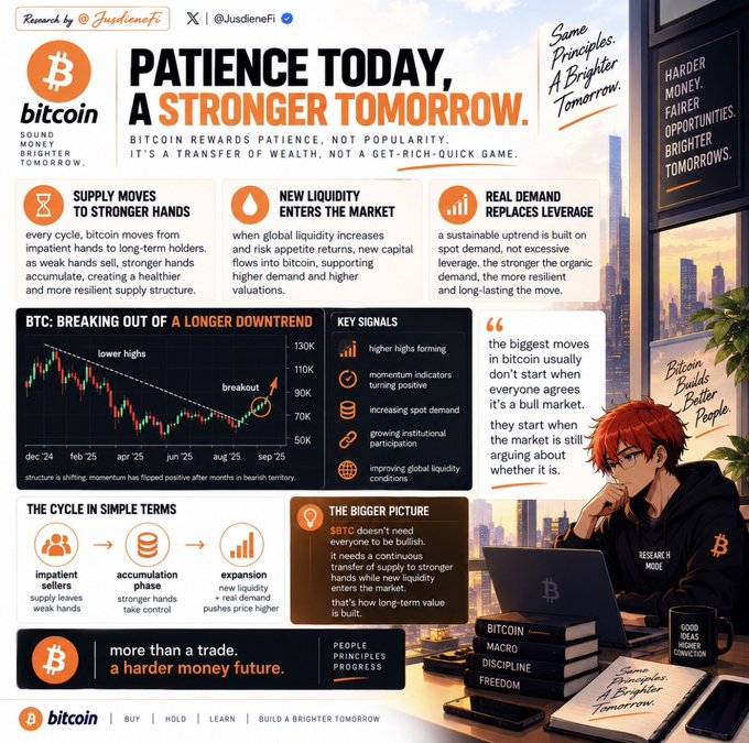 A detailed infographic titled 'PATIENCE TODAY, A STRONGER TOMORROW' explains Bitcoin market principles with charts, sections on 'SUPPLY MOVES TO STRONGER HANDS' and 'NEW LIQUIDITY ENTERS THE MARKET', and an anime-style character illustration.