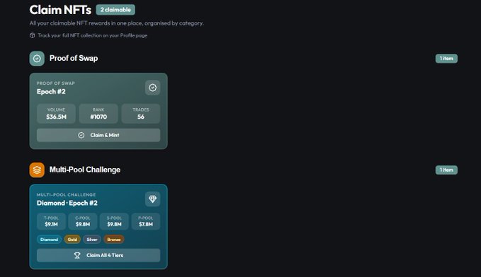 The image shows a "Claim NFTs" page with 2 claimable rewards, featuring a "Proof of Swap" NFT for Epoch #2 (Volume: $36.5M, Rank #1070, Trades: 56) and a "Multi-Pool Challenge" NFT for Diamond Epoch #2 (with tiers showing 7-Pool: $9.3M, 8-Pool: $9.8M, 9-Pool: $9.8M, 11-Pool: $7.8M). This relates to the @StabilizerFi update announcing the closure of Epoch 2 and the ability to claim Proof of Swap and Multi-Pool Challenge NFTs at app.stabilizer.finance/claims, with the displayed rank (#1070) indicating the user's position during that specific epoch.