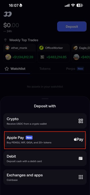 The image shows a mobile banking app's deposit screen highlighting the new "Apple Pay" option, which allows users to buy PENGLI, WIF, GIGA, and 20+ tokens. The "Watchlist" tab is empty, and the account balance shows $0.00. The highlighted Apple Pay feature directly illustrates the post's message about how easy it is to casually purchase meme coins.