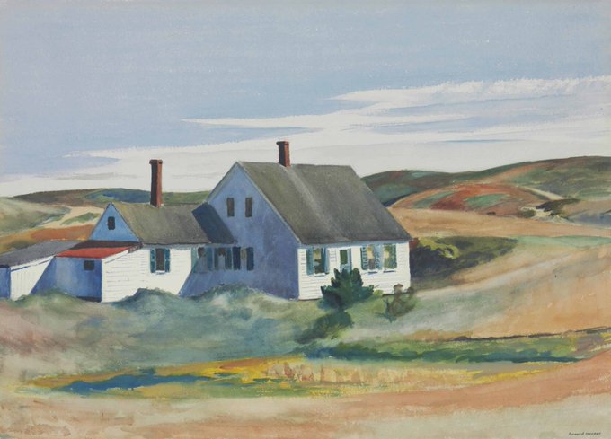 A watercolor painting depicting two white clapboard houses with prominent chimneys set against rolling dunes, reminiscent of Edward Hopper's coastal New England scenes, capturing the quiet isolation of the "Kelly Jenness House (n°1) - p193" as referenced in the accompanying post.