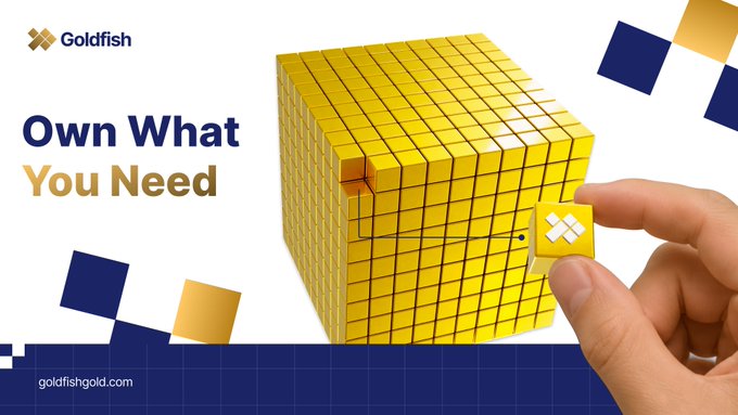 The image shows a hand placing a small gold cube marked with the Goldfish logo onto a larger gold cube structure, alongside the Goldfish logo and the tagline "Own What You Need," with the website goldfishgold.com at the bottom. It visually reinforces the post's message about fractional ownership of gold through the $GGBR token, illustrating how small individual units can build up into a larger reserve that users can customize to their needs rather than being limited to traditional bar sizes.