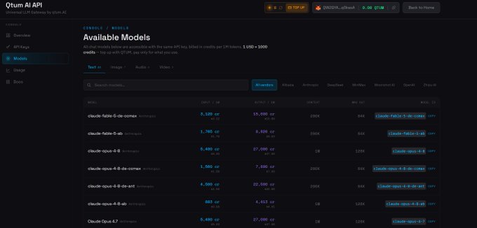 A screenshot of the Qlora AI API dashboard showing the "Available Models" page with various Claude and Qwen models listed along with their pricing.