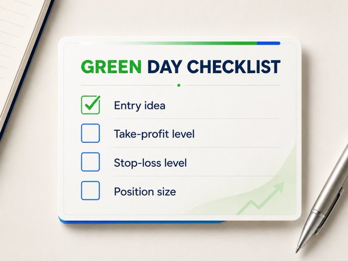 A "GREEN DAY CHECKLIST" card rests on a desk beside a pen, showing one completed item—Entry idea—and three remaining tasks: Take-profit level, Stop-loss level, and Position size. The checklist visually reinforces the post's reminder to stick to a disciplined trading plan before letting excitement take over.