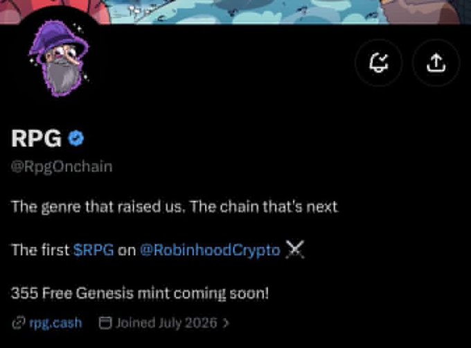 A Twitter/X profile page for 'RPG' (@RpgOnchain) with an animated wizard avatar, describing itself as 'The first $RPG on @RobinhoodCrypto' and announcing a '355 Free Genesis mint'.
