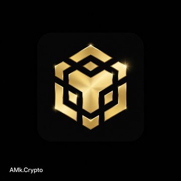 A dark screen displays a gold geometric 3D cube logo with the text 'AMk.Crypto' in the bottom left corner.