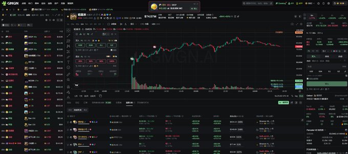 A screenshot of the GMGN cryptocurrency trading platform displaying market data for various tokens including $SECT, $DRAGON, $GIGA, with charts and order book information. The image relates to the post about meme coin trading strategy, showing the kind of interface traders use to assess market conditions before deciding how to allocate their available capital.