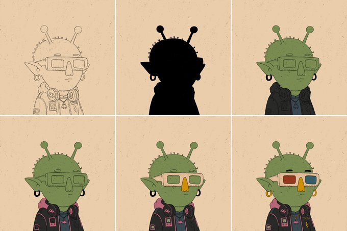 A 6-panel character design sheet showing the progression of an alien-like green creature with antennae and glasses, from a pencil sketch through to full color with different face designs including 3D glasses.