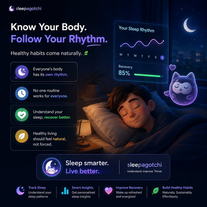 An advertisement for 'sleepagotchi' with the tagline 'Know Your Body. Follow Your Rhythm.' featuring a 3D illustration of a child sleeping peacefully, a purple cat mascot, and features highlighting personalized sleep insights and recovery tracking.