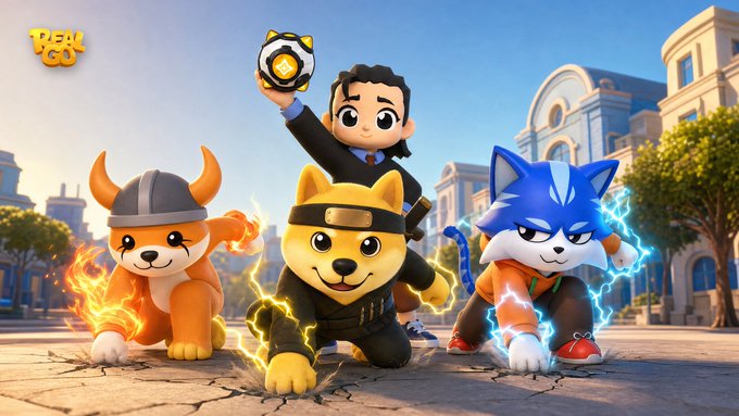 Three animated Shiba Inu-style pets with glowing elemental auras (orange flame, yellow lightning, and blue electricity) pose dynamically in front of a character holding a glowing soccer ball, with the "Real Go" logo in the corner—visually emphasizing the game's pet collection and team-building mechanics. The image directly ties to the post's theme of choosing between optimizing combat stats versus bonding with a favorite signature pet.