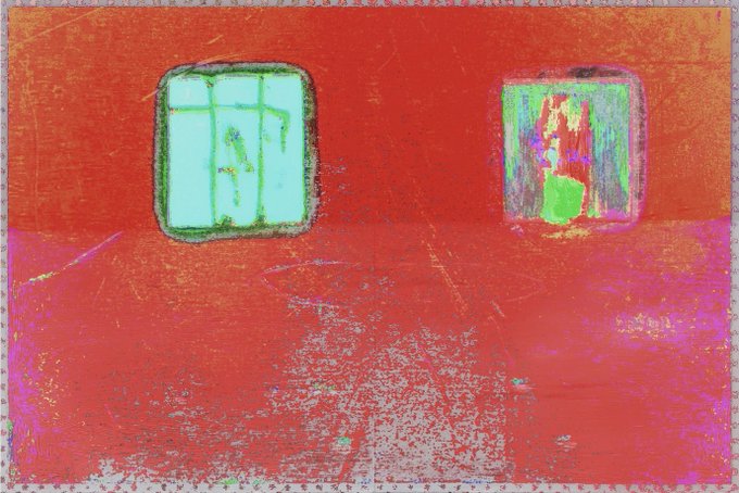An abstract expressionist painting dominated by vivid red and pink hues with two small window-like squares containing green tones.