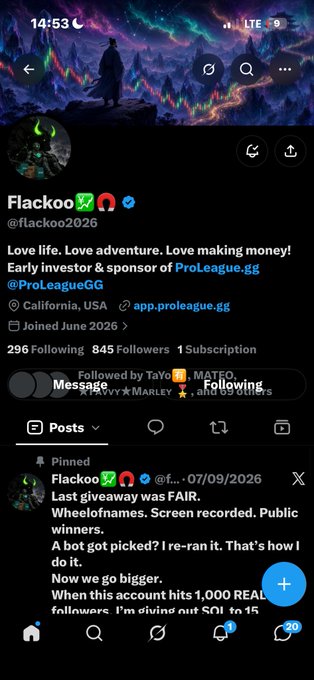 A Twitter/X profile screenshot for 'Flackoo' (@flackoo2026) describing themselves as an early investor and sponsor of ProLeague.gg, with bio text about loving life and a pinned post announcing a giveaway with 'Wheelofnames' on 07/09/2026.