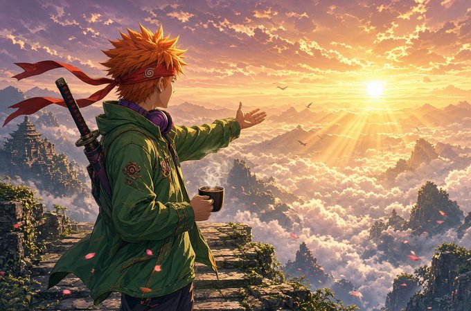 An anime-style illustration of a young man with orange spiky hair and a red headband, holding a cup and reaching toward a bright sunrise over a sea of clouds, with a sword strapped to his back.
