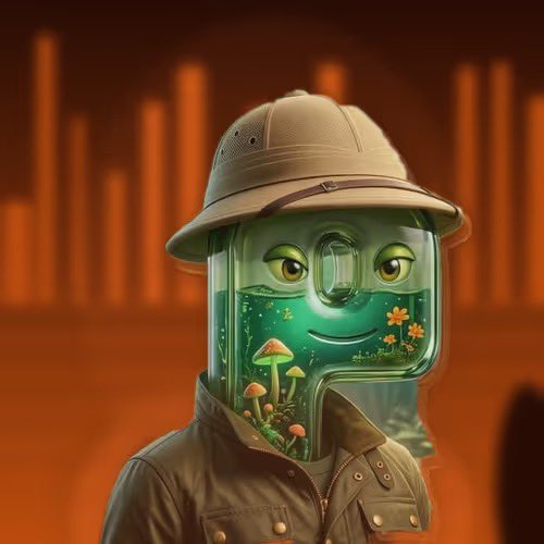 A 3D-rendered character shaped like the letter 'P' wears a safari hat and jacket, featuring a green face, mushrooms, and small flowers.