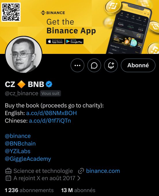 The image displays CZ (cz_binance)'s Twitter bio with 13M subscribers, featuring book purchase URLs and Binance app promotion.

The "13M abonnés" (13M subscribers) count in the bio relates to the post's comment about an "unexpected dump from 13 to 12.9," suggesting the subscriber count temporarily dropped from 13 million to 12.9 million.