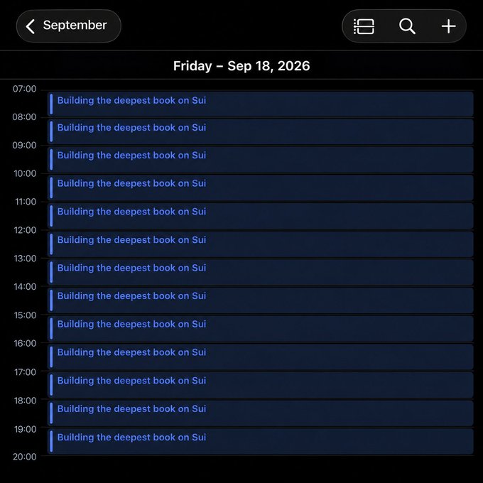 A digital calendar interface showing "Friday – Sep 18, 2026" with every hour from 7:00 to 19:00 blocked off for an event titled "Building the deepest book on Sui."