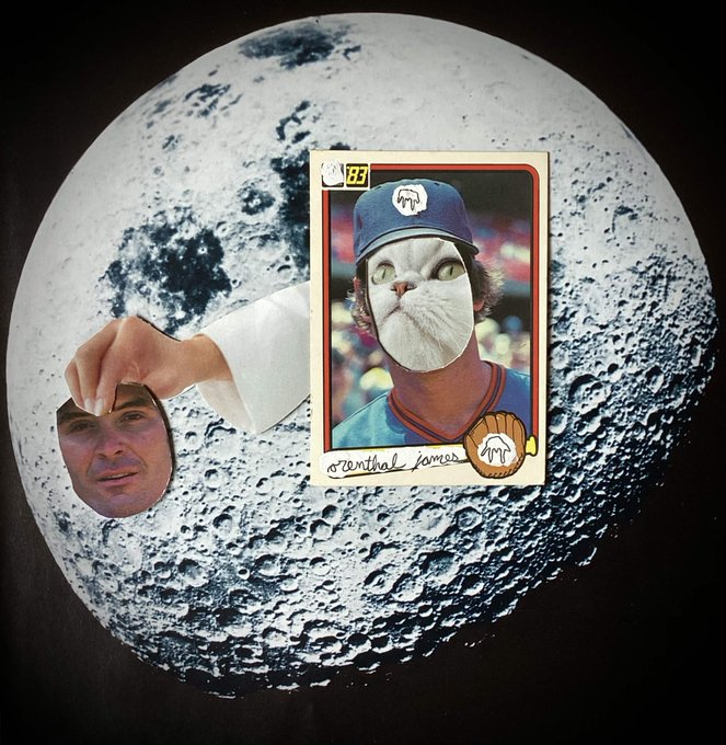 A surreal collage featuring a detailed image of the moon as a background, with a baseball card of a cat wearing a cap and jersey, and a cutout of a hand holding a cutout of a man's face.