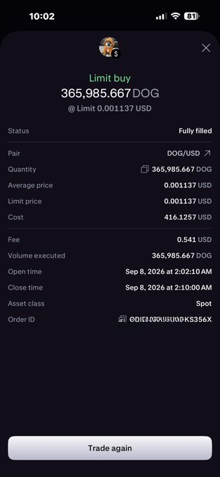 A smartphone screenshot showing a completed limit buy order for 365,985.667 DOG at 0.001137 USD on the DOG/USD pair, with status marked 'Fully filled' and a 'Trade again' button at the bottom.