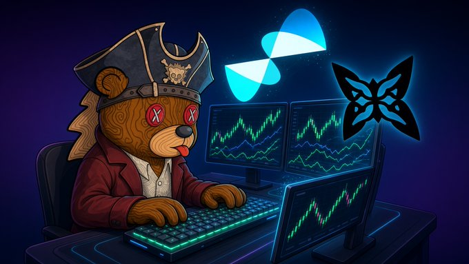 A cartoon illustration of a pirate bear wearing a tricorn hat at multiple computer monitors displaying stock/crypto charts, with a butterfly logo and a butterfly-shaped emblem in the background.
