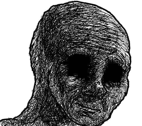 The image features a black and white drawing of a face with a large nose, giving it an eerie appearance. The drawing also includes a text that reads "BTC at 60k me: $WOJAK", which could be interpreted as a reference to Bitcoin or some other digital currency. the post's author.