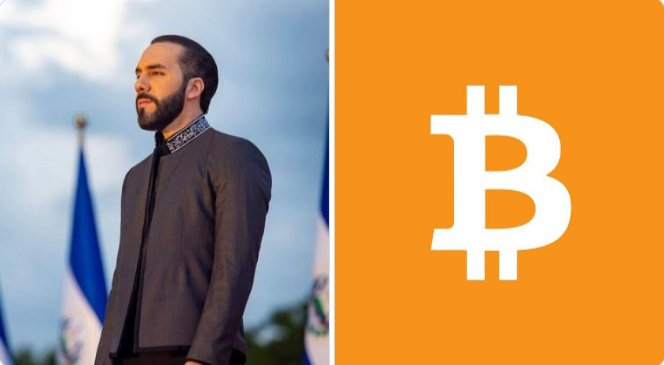 Nayib Bukele stands beside the Bitcoin logo, symbolizing El Salvador's embrace of cryptocurrency as a long-term investment strategy where market dips are viewed as buying opportunities rather than threats.