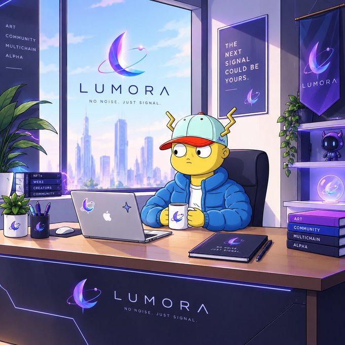 An illustrated cartoon character wearing a 'ONE PIECE' cap sits at a desk with a laptop and mug, both branded 'LUMORA NO NOISE. JUST SIGNAL.', with a city skyline visible through the window.