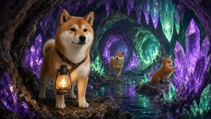 A fantasy digital artwork showing a Shiba Inu dog holding a glowing lantern standing at the entrance to a tunnel lined with purple and green crystals, with two smaller Shiba Inus further inside.