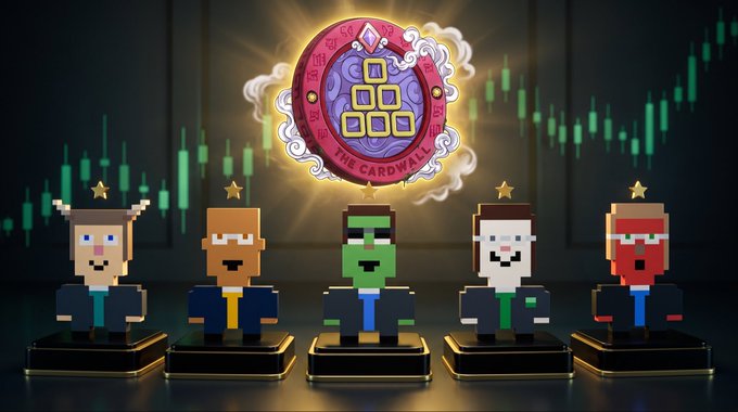 Five pixel-art characters standing on pedestals in front of a glowing pink emblem reading "THE CARDWALL" with a trading chart background.