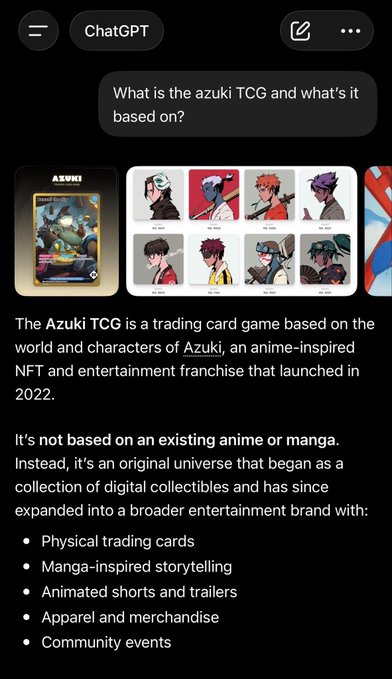 A screenshot of a ChatGPT conversation explaining the Azuki TCG, a trading card game based on the Azuki NFT franchise, featuring images of Azuki trading cards and character art. The poster asked ChatGPT about the TCG after seeing it discussed online and learned it's based on the Azuki NFT project rather than a traditional anime.