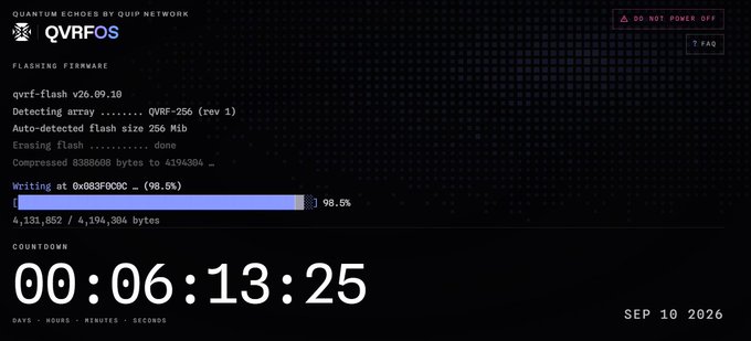 A QVRFOS firmware flashing screen for "QVRF-256 (rev 1)" showing the process at 98.5% complete, with a countdown timer reading 00:06:13:25 and dated SEP 10 2026.