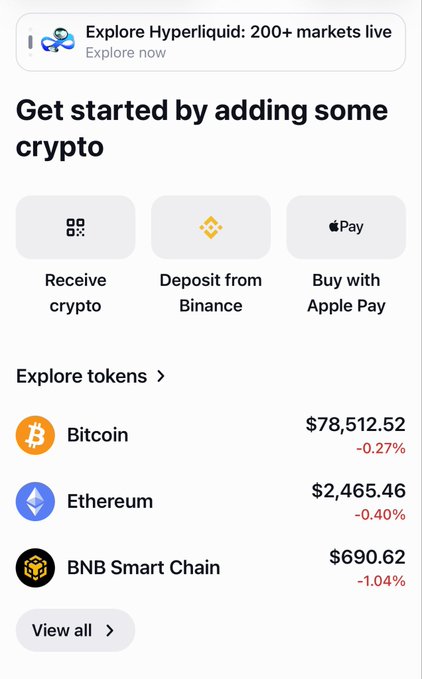 A mobile app screen titled 'Get started by adding some crypto' with options to Receive crypto, Deposit from Binance, or Buy with Apple Pay, listing token prices: Bitcoin $78,512.52 (-0.27%), Ethereum $2,465.46 (-0.40%), and BNB Smart Chain $690.62 (-1.04%). A banner at the top reads 'Explore Hyperliquid: 200+ markets live'.