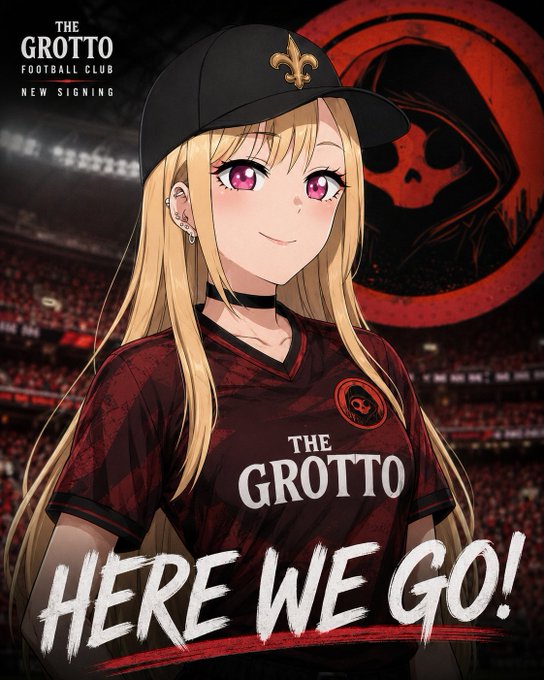 An anime-style blonde girl wearing a black "The Grotto" cap and a red and black striped "The Grotto" football jersey poses in a stadium, with the text "THE GROTTO FOOTBALL CLUB NEW SIGNING" at the top and "HERE WE GO!" emblazoned across the bottom in bold white lettering. The image visually announces the new signing, stylizing the announcement like a sports transfer reveal to match the post about Nobs being acquired by The Grotto.