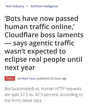 The image shows a screenshot of an article titled "Bots have now passed human traffic online", which discusses the impact of Bots passing human traffic online, specifically mentioning Cloudflare's CEO. The article also mentions that the firm's latest data shows that Bots have been reading and responding to human HTTP requests.