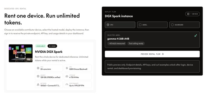 The image showcases a "Dedicated GPU Rental" page from Jatevo, highlighting an NVIDIA DGX Spark device available for rent, with the right panel showing a "Deploy Flow" interface for instantiating a DGX Spark instance running the gemma-4-26B-A4B model (with ~42 tok/s measured). This visually represents Jatevo's decentralized LLM inference platform, where community-owned GPU devices power rentable AI compute resources.