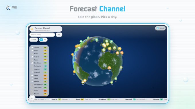 A 'Forecast Channel' web interface showing an interactive globe with weather markers and a list of cities including London, Berlin, Madrid, and Tokyo with their temperatures.