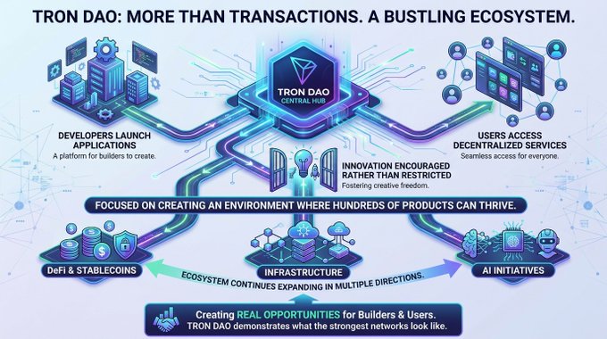 The image presents a flow chart, possibly a diagram or graph that depicts the process of discovering TRON DAO through transactions. The starting point appears at the bottom left corner, followed by various components such as developers launching applications, users interacting with the network (including transactions and real-time updates), and so on up to users accessing products for sale via blockchain technology. The flow chart highlights the intricate details surrounding TRON DAO's core purpose of creating an ecosystem where developers can launch innovative projects, and users can access various opportunities through the platform.