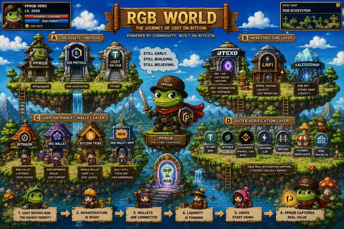 A vibrant pixel-art infographic titled "RGB WORLD: The Journey of USDT on Bitcoin" illustrates the RGB protocol ecosystem with a frog mascot ("PPRGB"), featuring key components like RGB Protocol, UTEXO, LNFI, KALIDOSWAP, BitMask, Iris Wallet, and Bitcoin Tribe, while depicting a six-step user journey from infrastructure setup to value capture. The image visually reinforces the post's message about RGB's decade-long development into a powerful Bitcoin-based smart contract protocol with low gas fees, high TPS, and the native USDT issued by Tether.