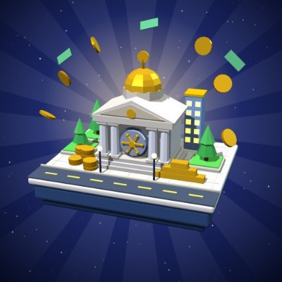 A 3D isometric illustration of a bank building with a gold dome and a dollar sign, surrounded by floating coins and dollar bills against a starry blue background.