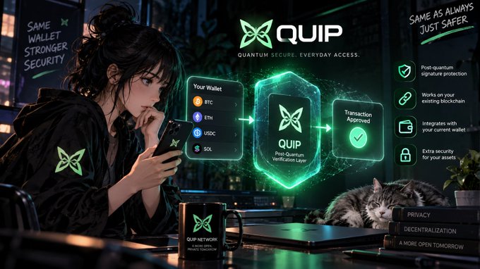 A woman in a dark hoodie uses a smartphone displaying the QUIP app, which offers quantum-secure cryptocurrency verification for BTC, ETH, USDC, and SOL wallets. Promotional text highlights "SAME WALLET STRONGER SECURITY" and "SAME AS ALWAYS JUST SAFER" with features like post-quantum signature protection.
