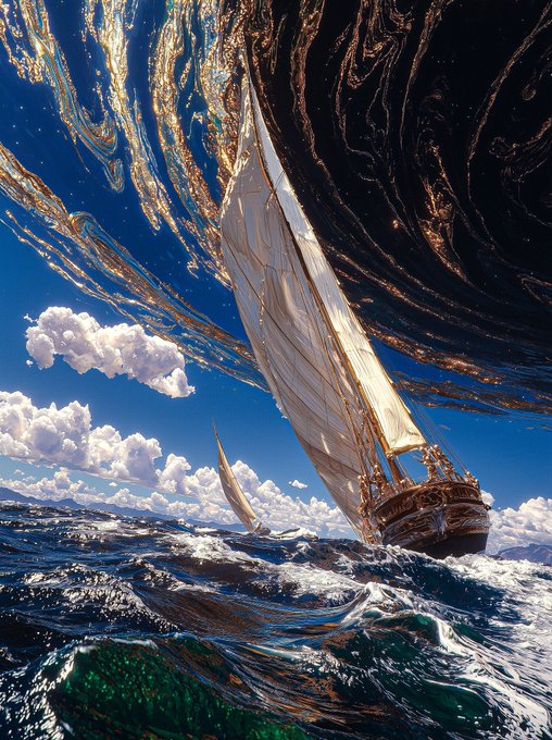 The image features a sailboat sailing through the ocean under a blue sky filled with clouds. The boat appears to be moving towards the right side of the frame, creating a sense of motion. In the background, there are two other boats visible on the water, one closer to the left and another further away in the distance. The image also includes text that reads "Hi, all Webnovel lovers of Solana and beyond. The sparkling emerald waters of Belfosi are back, with Chapter 14 of Rising Water now live again with Ongoing status."