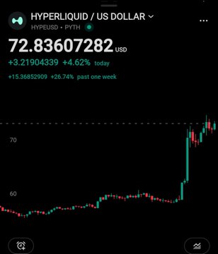 A crypto chart showing 'HYPERLIQUID / US DOLLAR' (HYPEUSD) at 72.83607282 USD, up 4.62% today and 28.74% past one week.