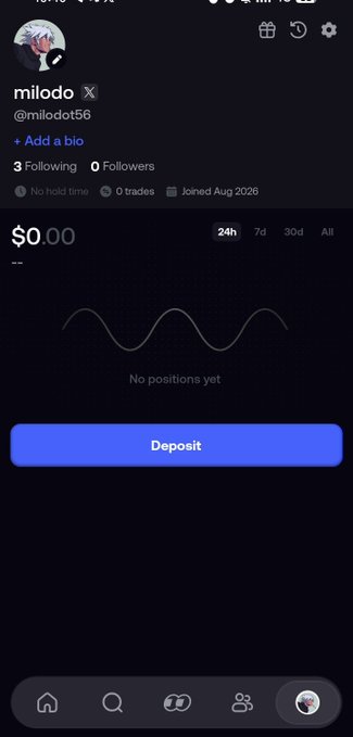 A mobile app screenshot of a profile page for 'milodo (@milodot56)' showing 0 followers, 0 trades, $0.00 balance, 'No positions yet' message, and a 'Deposit' button.
