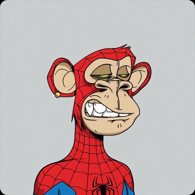 A digital cartoon illustration merging Spider-Man's mask with a monkey's face, showing an exaggerated, toothy grin.