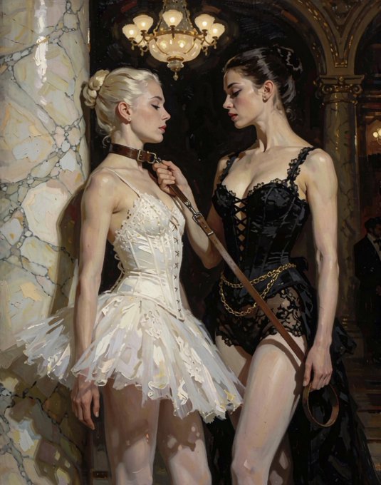 Two ballerinas in contrasting white and black corseted tutus share an intimate moment, connected by a leather leash and golden chain in an opulent chandelier-lit hall. The painting captures the tension of dominance and surrender, fitting the post's theme of "Need."
