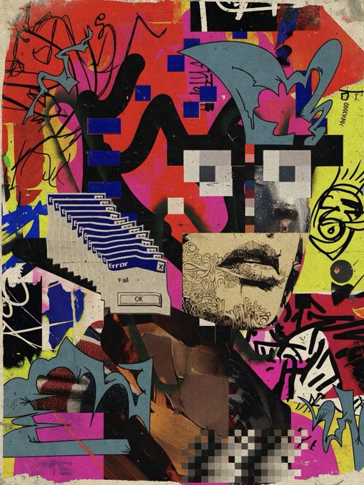 A chaotic collage artwork featuring graffiti, a pixelated cartoon face with large eyes, an error dialog box reading "Error Fail", and various abstract shapes and textures.