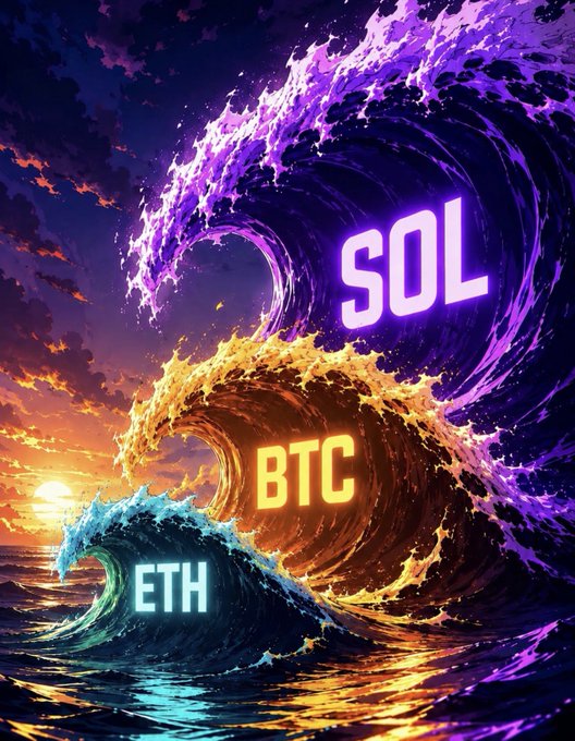 A dramatic digital artwork of three glowing cryptocurrency waves—ETH (cyan), BTC (orange/gold), and SOL (purple)—crashing into each other against a sunset ocean backdrop.